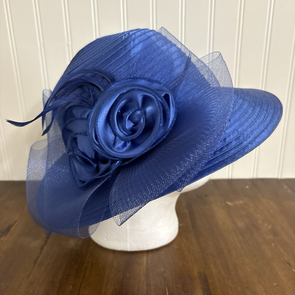 Women's Large Blue Derby Church Hat Dress Fascinator Bridal Organza Tea Party